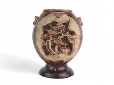 A Japanese Carved Banko Ware Vase