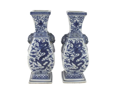 PAIR OF CHINESE BLUE AND WHITE DRAGON VASES