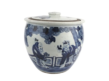 LARGE CHINESE B/W LIDDED JAR WITH SCHOLAR FIGURES