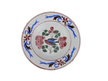 French Faience Plate with Bird and Floral Motif