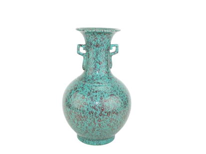 A CHINESE TURQUOISE GLAZED PORCELAIN VASE: A Chinese porcelain vase featuring a globular body, flared rim, and two small loop handles on the neck. The surface is coated in a striking turquoise glaze with prominent oxblood speckled patterns thr