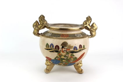 Japanese Satsuma Tripod Censer With Warrior Motif