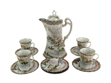 Japanese Porcelain Tea Set with Scenic Design