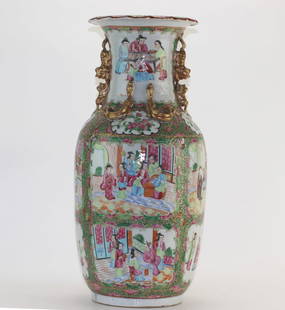 A Chinese Export Rose Medallion Vase: A hand-painted Chinese Rose Medallion porcelain vase, adorned with intricate court scene panels framed by vibrant floral and scrollwork designs. The vase features raised gilt dragon handles and a scal