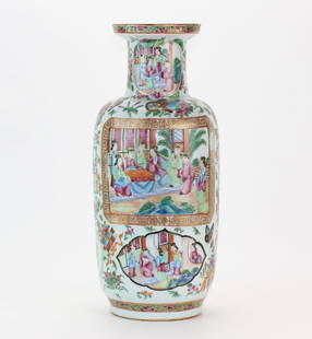 Chinese Rose Medallion Celadon Vase: This Chinese porcelain vase showcases the Rose Medallion style, popular in the 19th century during the Qing Dynasty. Adorned with intricate hand-painted panels, the vase depicts traditional court scen