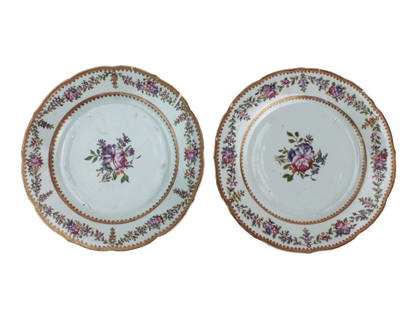 Pair of Chinese Export Famille Rose Plates: This is a pair of 18th-century Chinese export porcelain plates decorated in the Rose Mandarin palette. Each plate features a central floral spray with vibrant hand-painted peonies, foliage, and detail