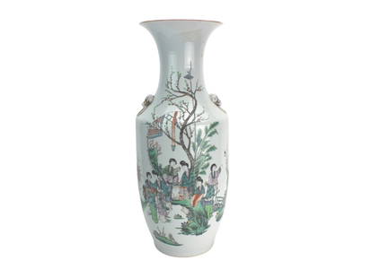Large Chinese Famille Rose Porcelain Floor Vase: A large Chinese Famille Rose porcelain floor vase, decorated with a detailed garden scene featuring elegant ladies and a poem in calligraphy on the reverse. It includes lion head handles and floral mo