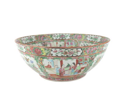 CHINESE EXPORT ROSE MEDALLION PUNCH BOWL: A large Qing Dynasty Chinese porcelain bowl decorated in the Rose Medallion pattern. Features alternating panels of figures in domestic scenes and floral motifs with birds and butterflies, painted in