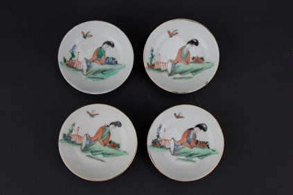 FOUR CHINESE FAMILLE ROSE FIGURE SAUCERS