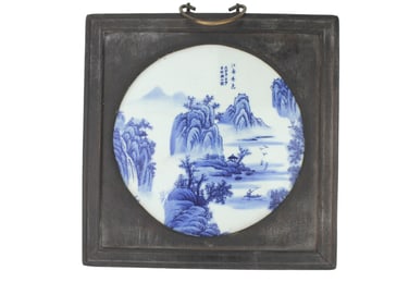 A FRAMED CHINESE B/W PORCELAIN PLAQUE