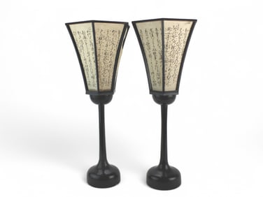 Pair Japanese Candlesticks w/ Calligraphy Shades
