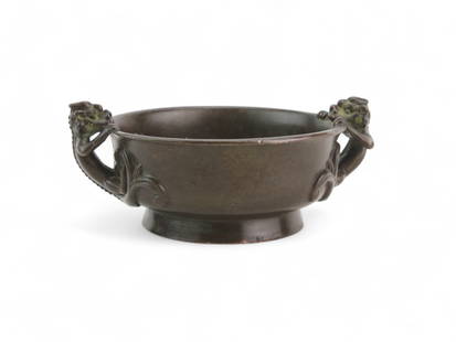 Chinese Bronze Censer With Climbing Dragon Ears: A finely cast bronze censer featuring two playful climbing dragon handles with expressive detail and green patina highlights. The round body is raised on a short foot and measures 4 inches in diameter