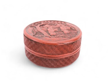 Carved Cinnabar Round Box w/ Landscape Scene