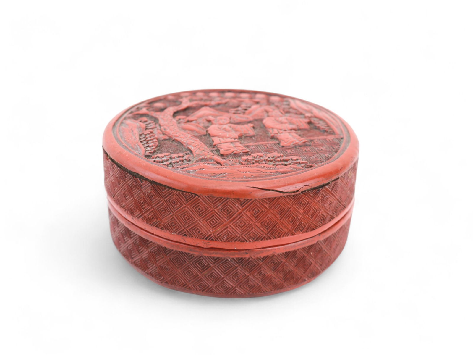 Carved Cinnabar Round Box w/ Landscape  Scene (1 of 8)