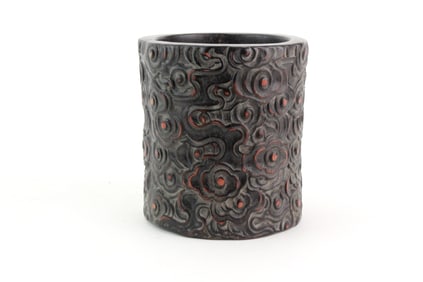 Chinese Carved Wood Brush Pot with Cloud Motif
