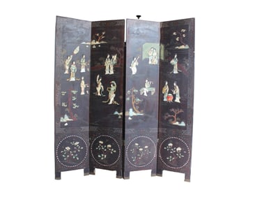 Chinese Four-Panel Lacquered Screen with Inlay