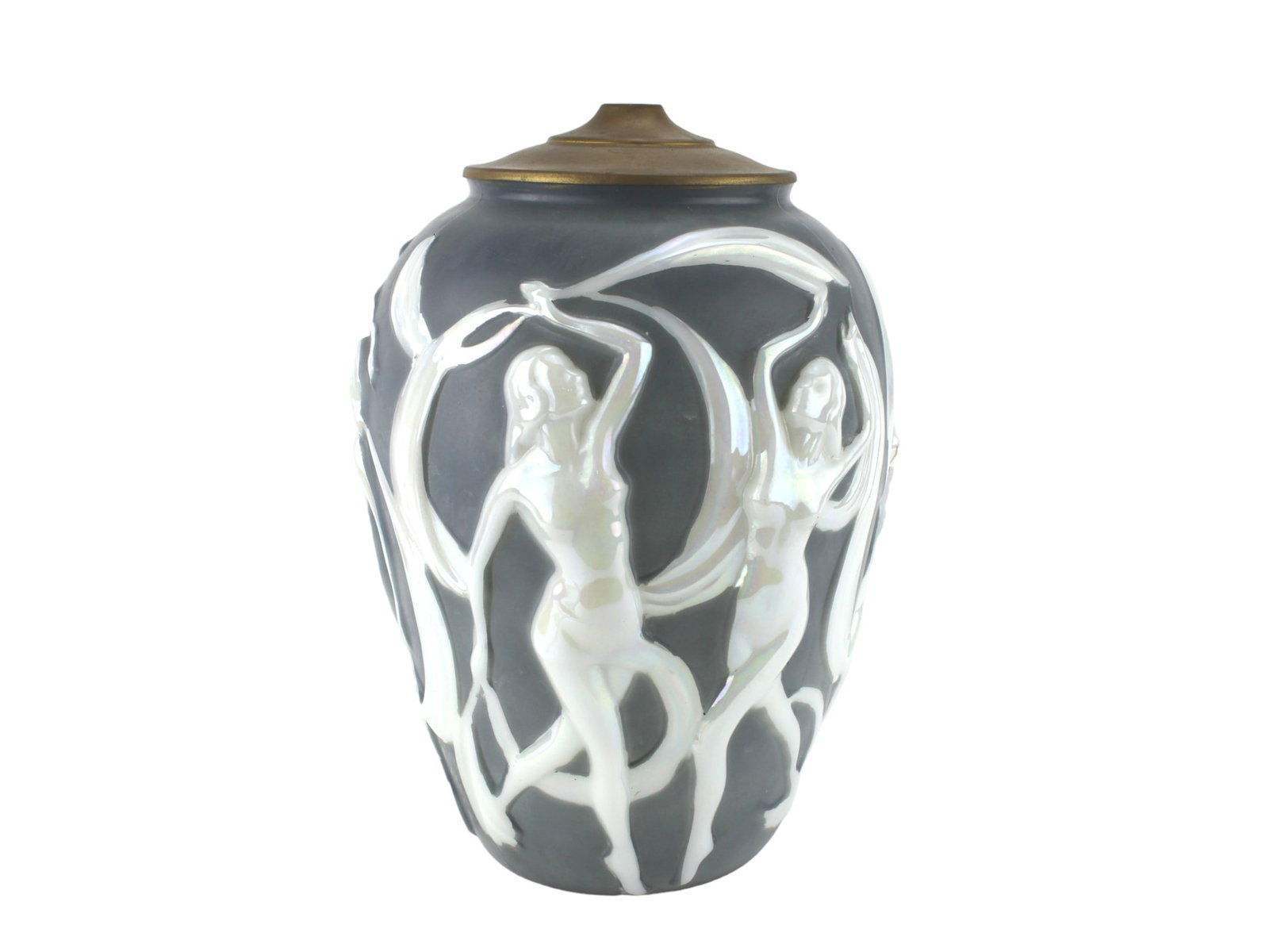 Phoenix Sculptured Artware Glass Vase: Phoenix Sculptured Artware glass vase from circa 1930, featuring raised iridescent white nude female dancers in flowing motion around a satin grey body. Topped with a gold-tone metal lid, this sculptu