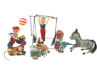 SIX CHINESE EXPORT CLOCKWORK TIN TOYS
