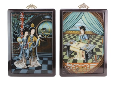 Pair Chinese Reverse Glass Paintings