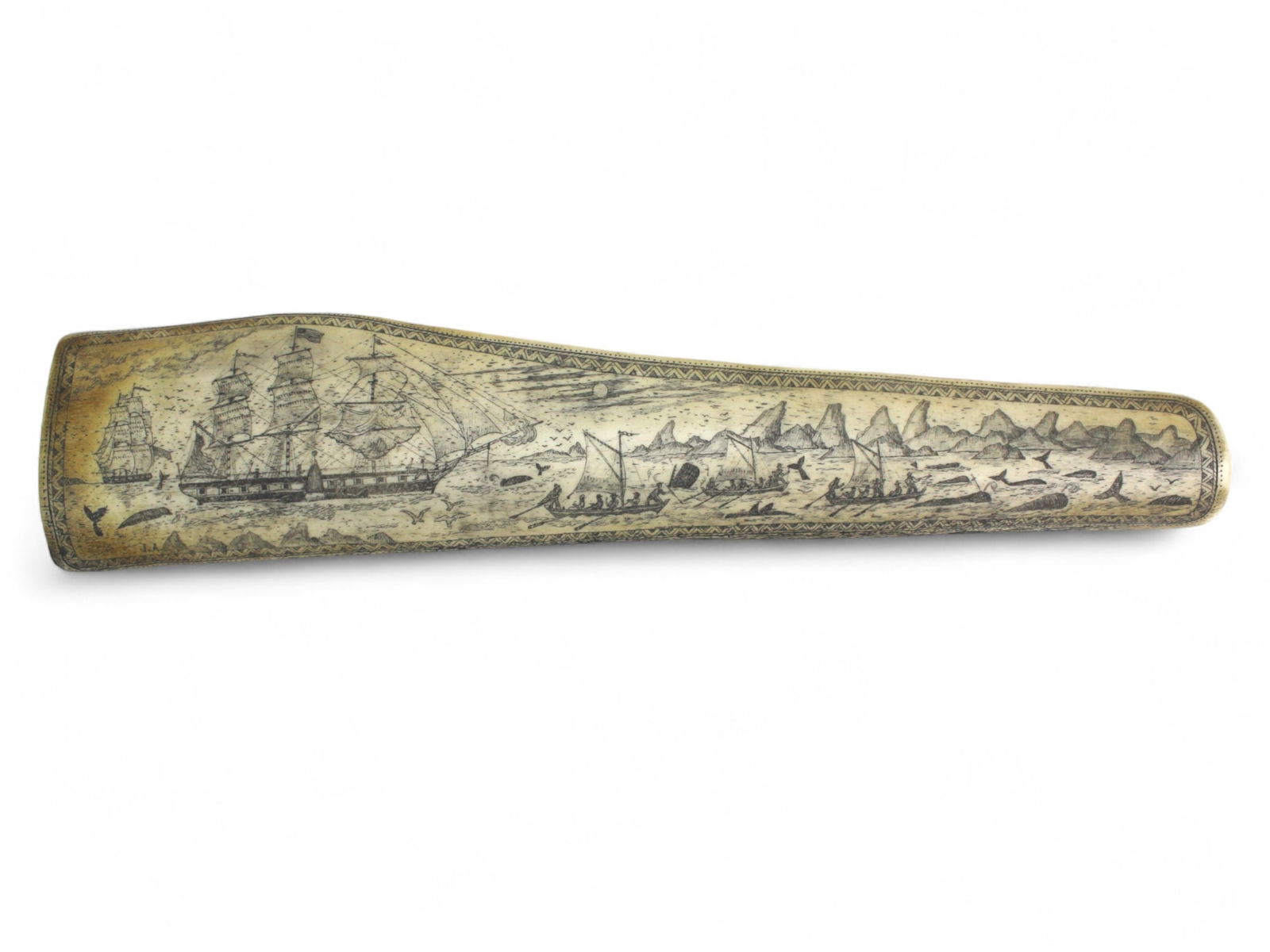 Old Faux Scrimshaw Bone with Ships: Old faux scrimshaw whale bone signed James Allen, engraved with sailing and whaling scenes inscribed “Whaler Topaz off Marquesas Is. Jan. 1840.” Shows patina, surface toning, and age wear. App