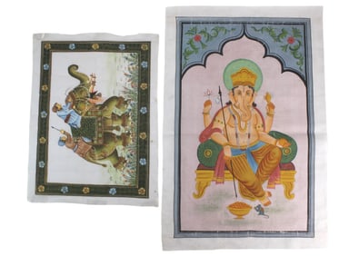 Two South Asian Silk Paintings: Ganesha & Elephant