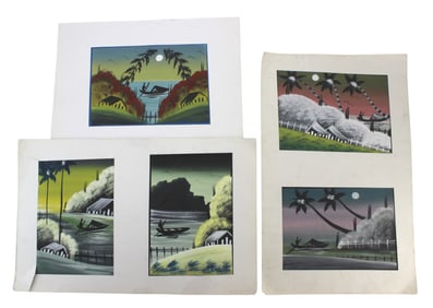 Set of Five Village Scene Silk Paintings