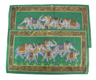 Two South Asian Elephant Procession Silk Paintings