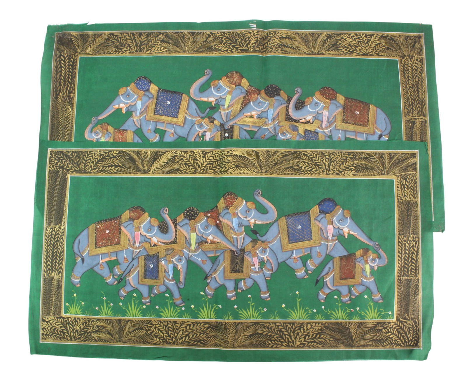 Two South Asian Elephant Procession Silk Paintings (1 of 5)