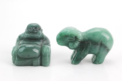 Two Green Stone Carvings Buddha & Sheep
