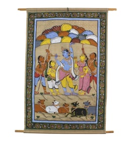 Indian Silk Painting of Krishna Scene