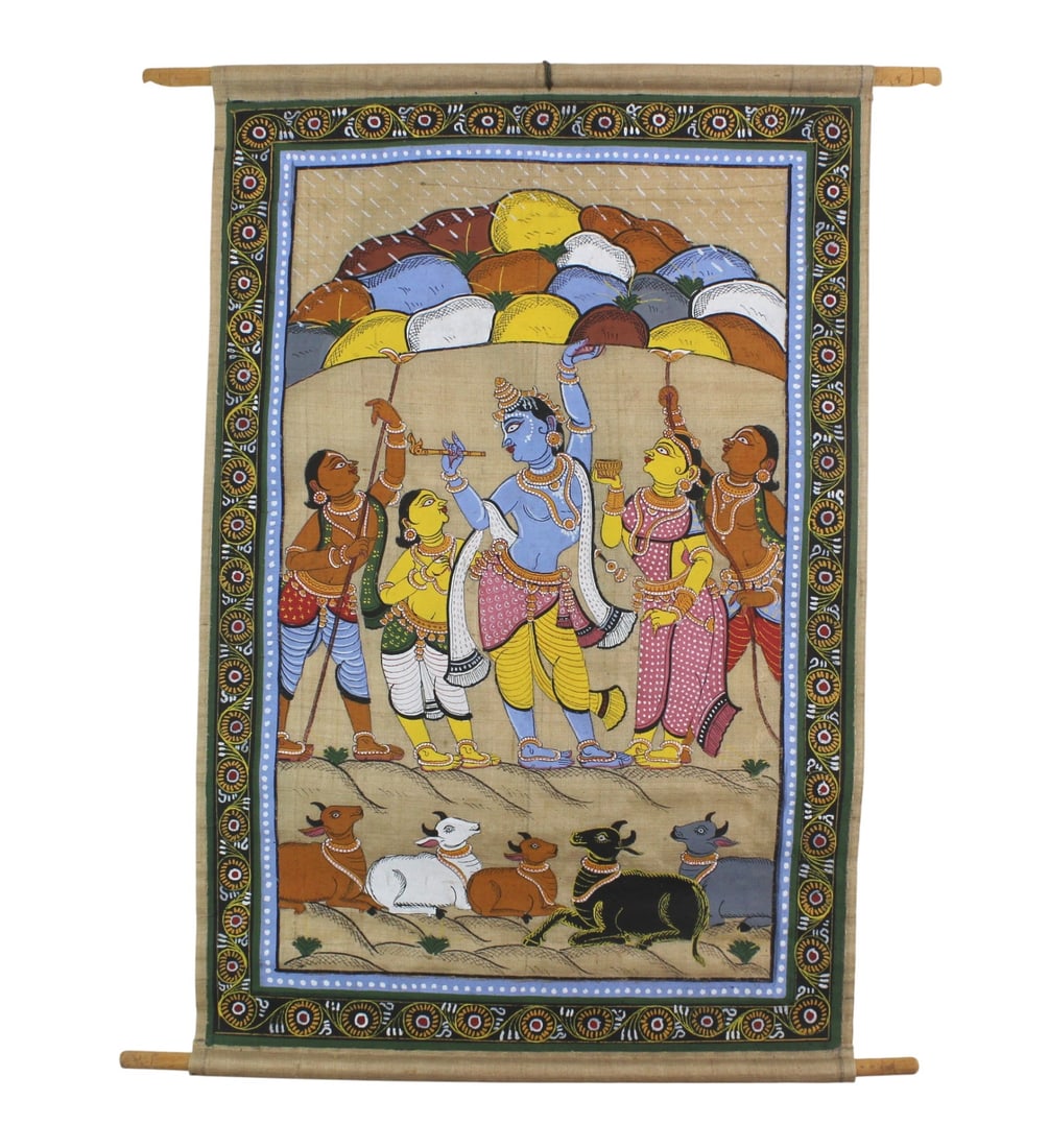 Indian Silk Painting of Krishna Scene (1 of 4)