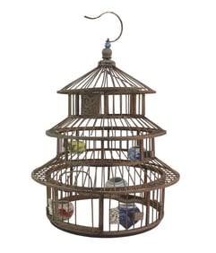 Chinese Wooden Birdcage w/ Porcelain Feeders