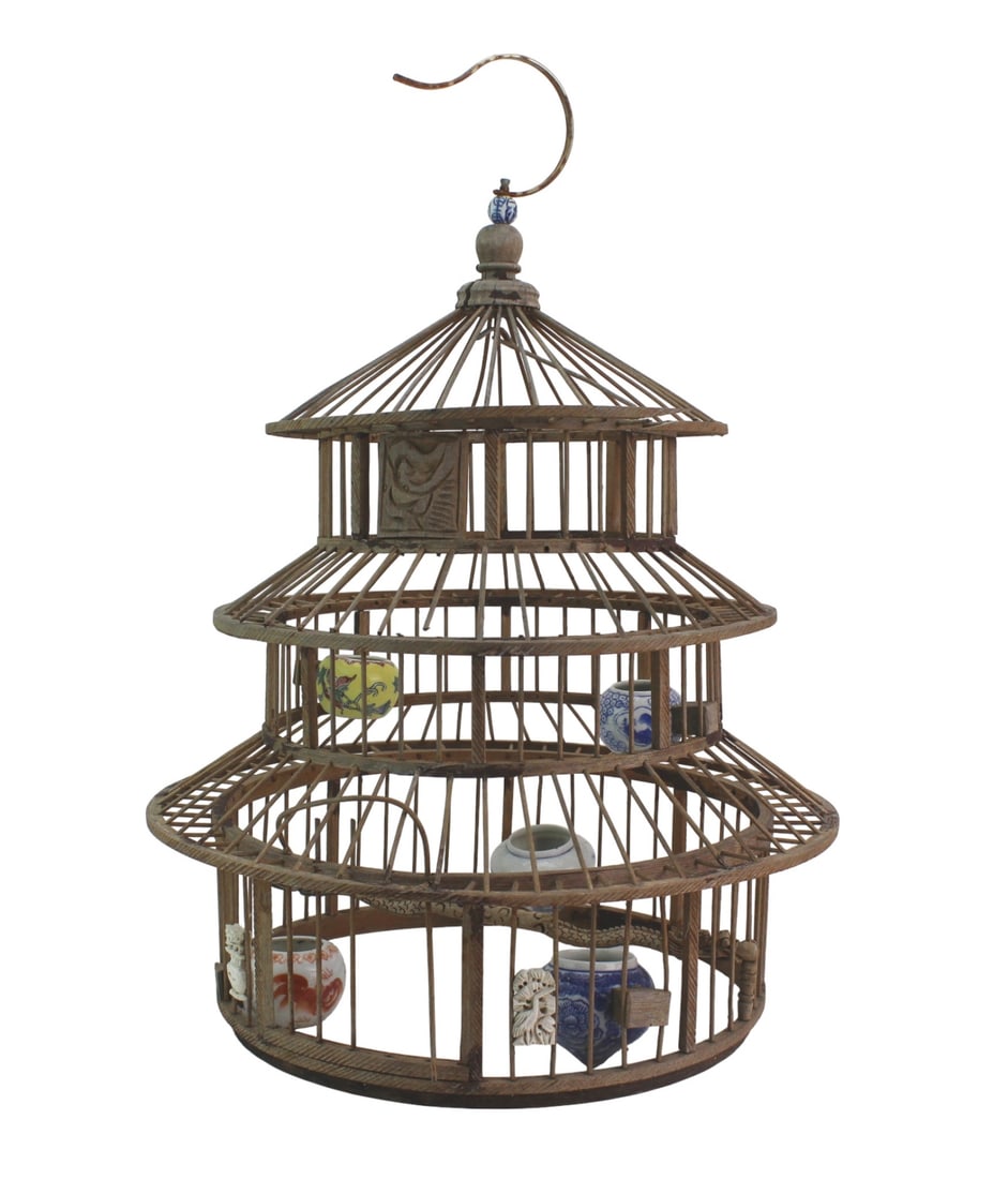 Chinese Wooden Birdcage w/ Porcelain Feeders (1 of 14)