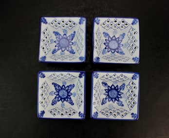 Set of Four Blue & White Square Dishes