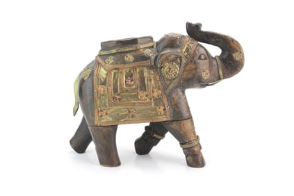 Carved Wood Elephant with Brass Accents