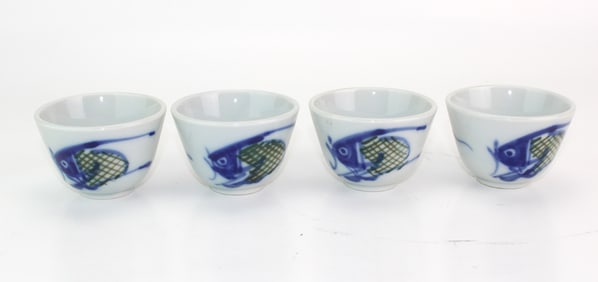 Set of Four Chinese Blue & White Fish Teacups