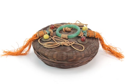 Chinese Bamboo Lidded Container with Green Ring