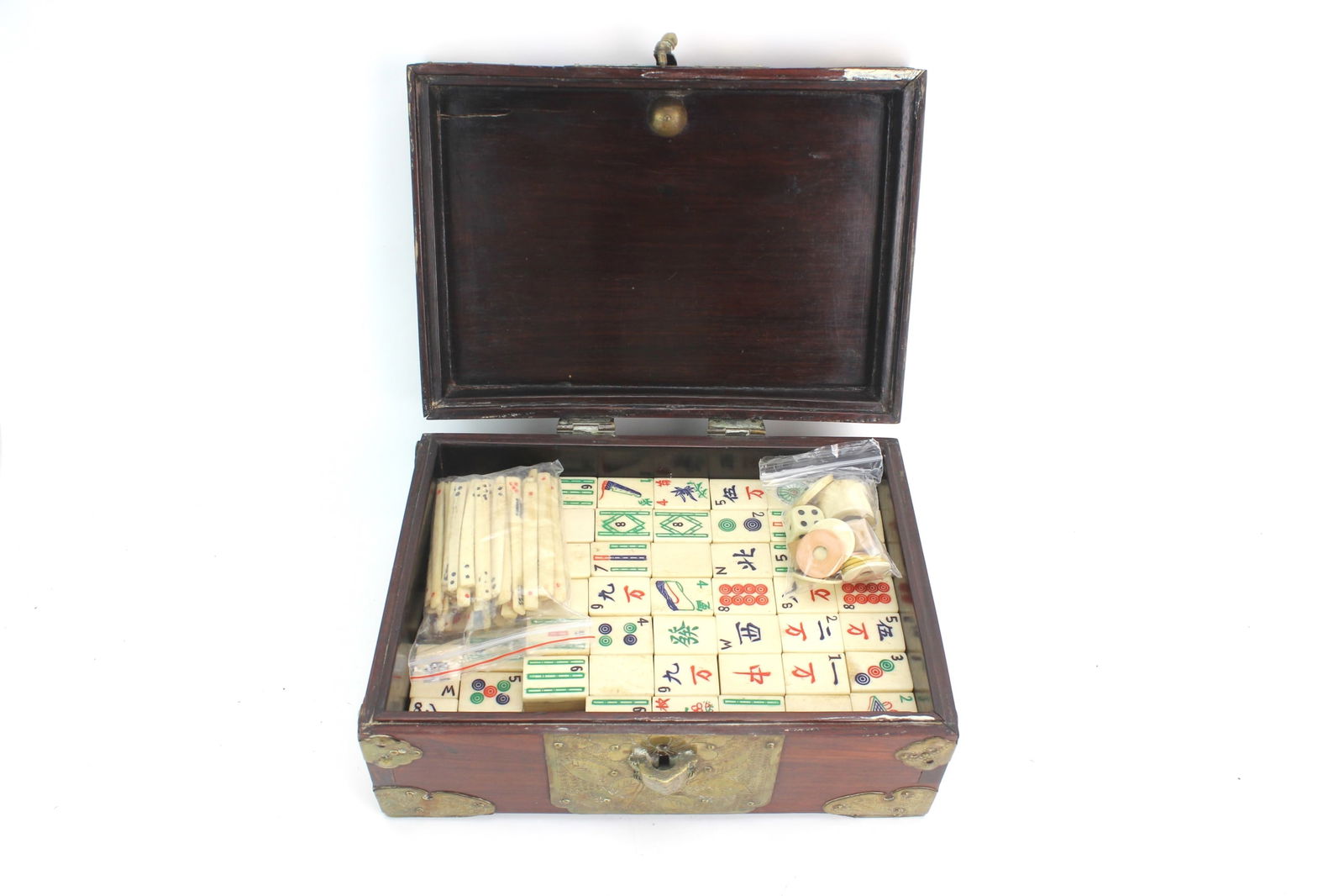 Antique Chinese Mahjong & Lottery Staff Set: Antique Chinese Mahjong and Lottery Staff Set — Complete bone and bamboo tile set with dice, counters, and carved bone tally sticks in a wooden case with brass fittings. Box shows age wear, tarnish,