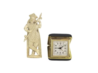 Bone Carved Figure & Linden Travel Clock