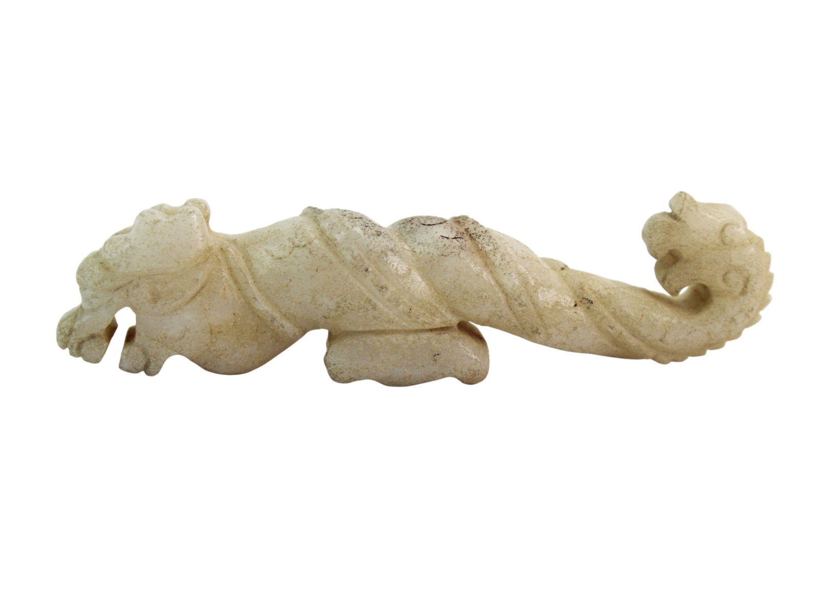 Chinese Carved Hardstone Belt Buckle: Chinese Carved Hardstone Belt Buckle — Features a dragon-like beast with coiled body and intricate detailing. The stone has natural inclusions, minor scratches, and age-related surface wear. Overall