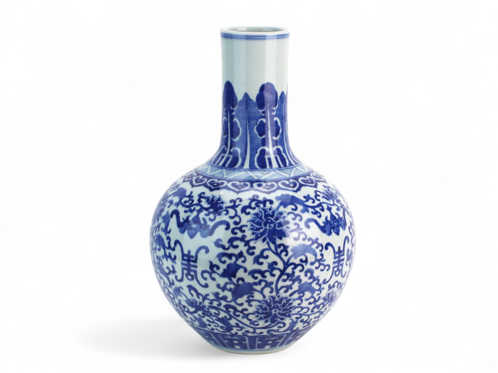 Blue and White Porcelain Vase with Peony: Chinese blue and white porcelain vase decorated with peonies, scrolls, and Shou symbols for longevity. Elongated neck with lappet and heart borders. Excellent condition with minor rim and base wear. M