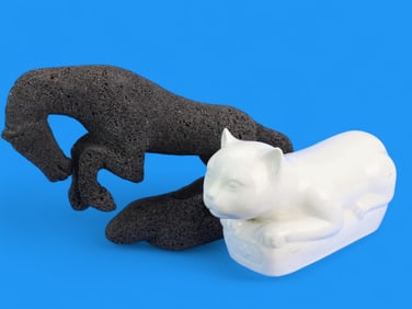 Lava Stone Horse & Porcelain Cat Sculptures