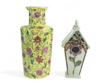 Famille Rose Yellow Vase & Ceramic Birdhouse