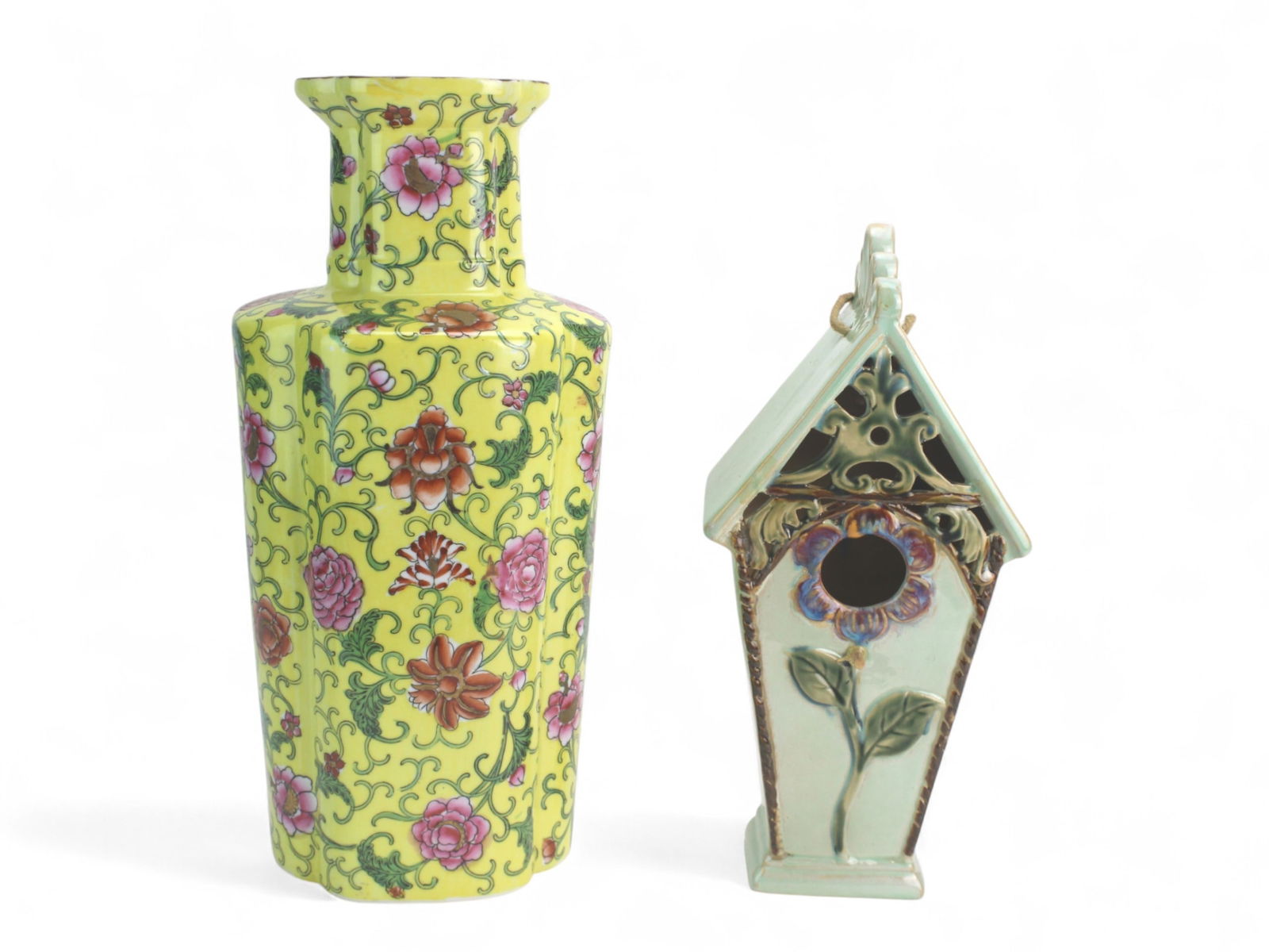 Famille Rose Yellow Vase & Ceramic Birdhouse (1 of 10)