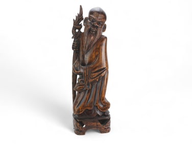 Chinese Carved Wood Statue of Elder Holding Staff