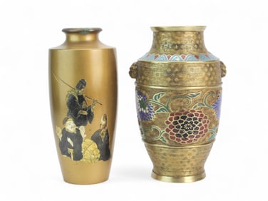 Two Japanese Mixed Metal & Chamleve Vases