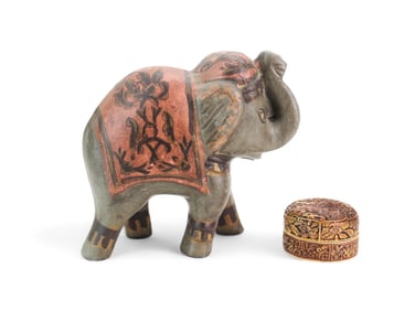 A Painted Pottery Elephant & A Carved Box