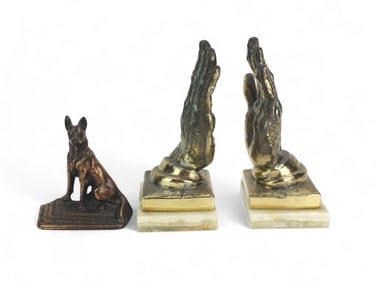 3 Metal Bookends: Praying Hands & German Shepherd