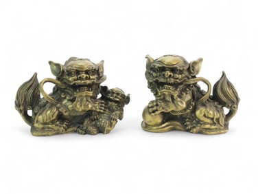 Pair of Bronze Foo Lion Guardian Figures