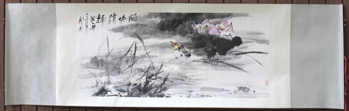 Chinese W/C Scroll of Bird and Lotus by Limin Wu
